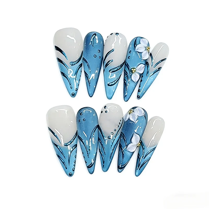 Artistic Press-On Nail Set with Floral and Wave Design Stornfield