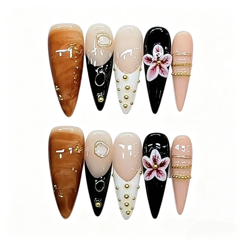 Artistic Press-On Nail Set with Floral and Gemstone Accents Stornfield