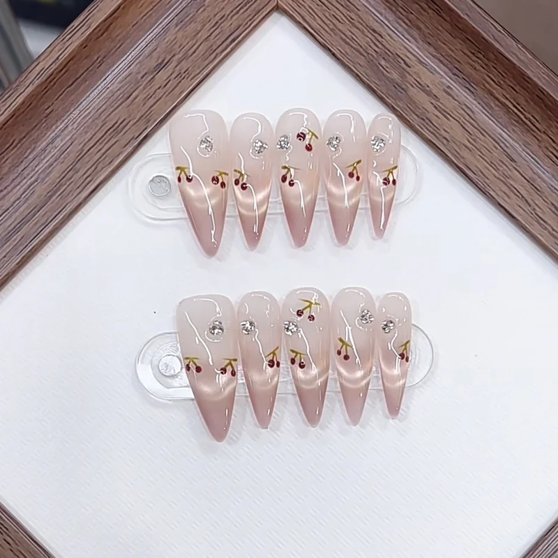 Artistic Press-On Nail Set with Cherry Blossom Design Stornfield