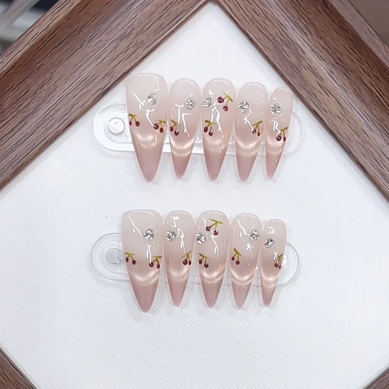 Artistic Press-On Nail Set with Cherry Blossom Design Stornfield