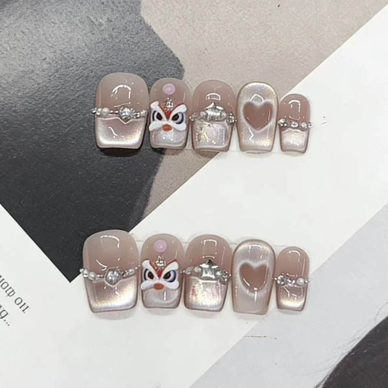 Artistic Press-On Nail Art Set with Heart and Gem Accents Stornfield