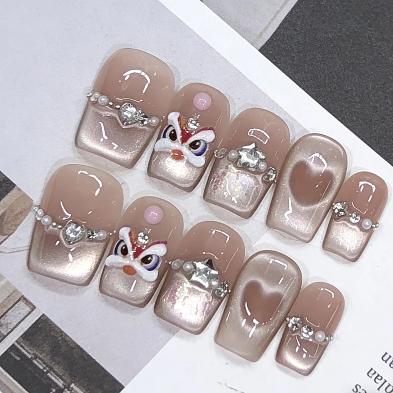 Artistic Press-On Nail Art Set with Heart and Gem Accents Stornfield