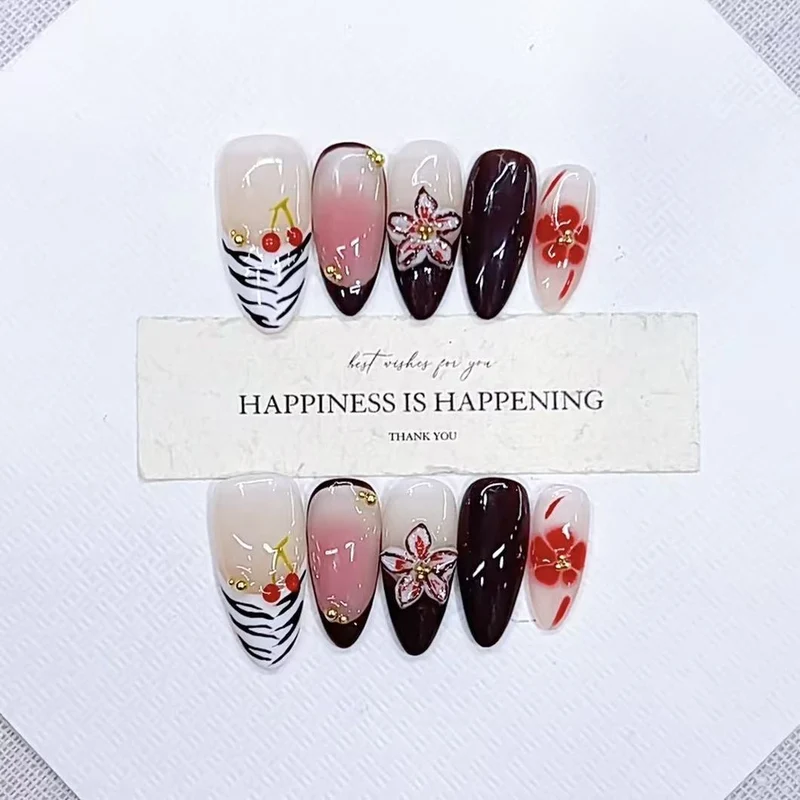 Artistic Press-On Nail Art Set with Cherry Blossom and Floral Designs Stornfield