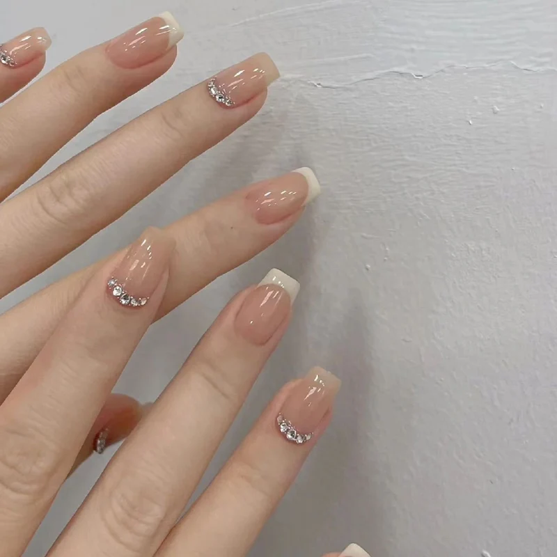 Elegant French Tip Press-On Nails with Rhinestone Accents Stornfield