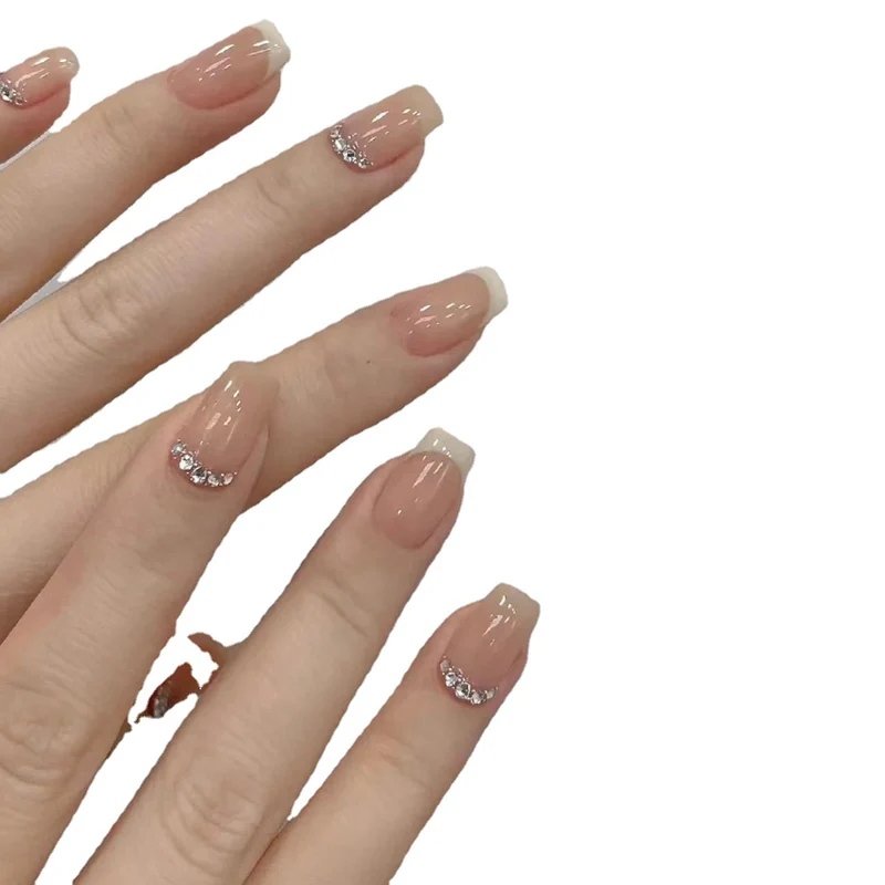 Elegant French Tip Press-On Nails with Rhinestone Accents Stornfield