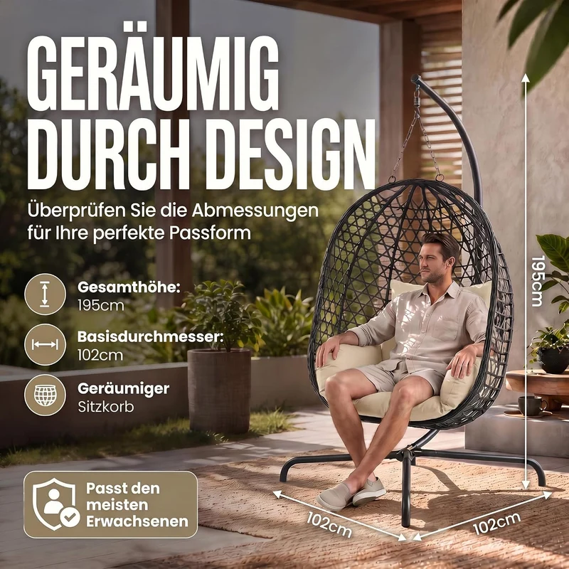 Schwebeliege mit Gestell - Freischwingender Hängesessel aus Rattan