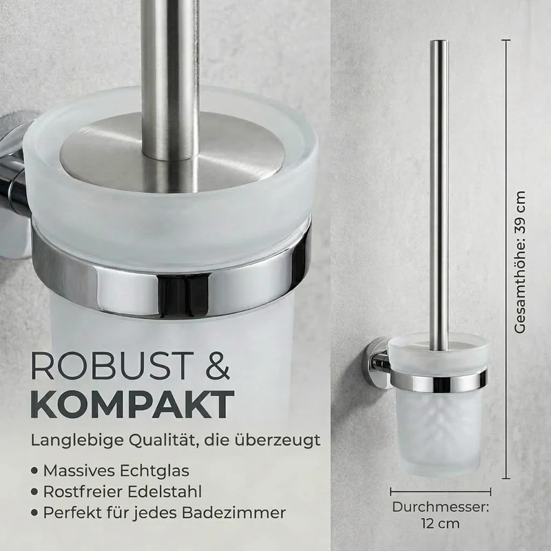 Edelstahl WC-Garnitur mit Chrom-Halter & Glas-Behälter