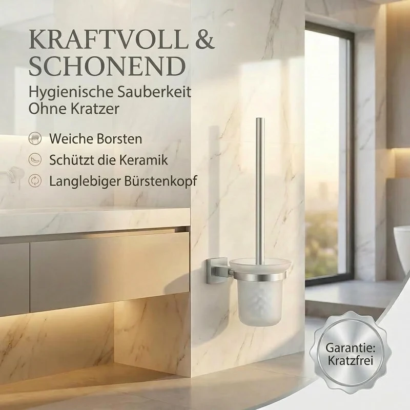 Edelstahl WC-Garnitur mit Chrom-Halter & Glas-Behälter