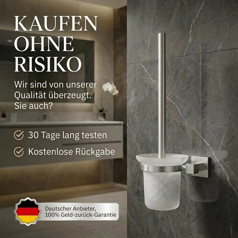 Edelstahl WC-Garnitur mit Chrom-Halter & Glas-Behälter
