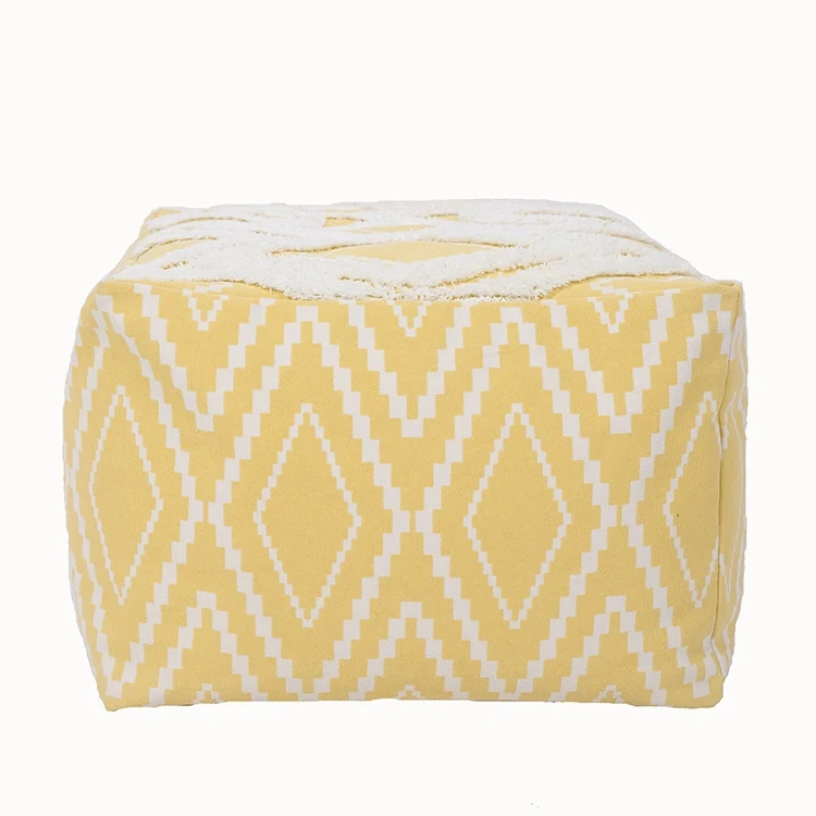 Cubical seat pouf made of woven cotton blend with ethnic diamond pattern Stornfield