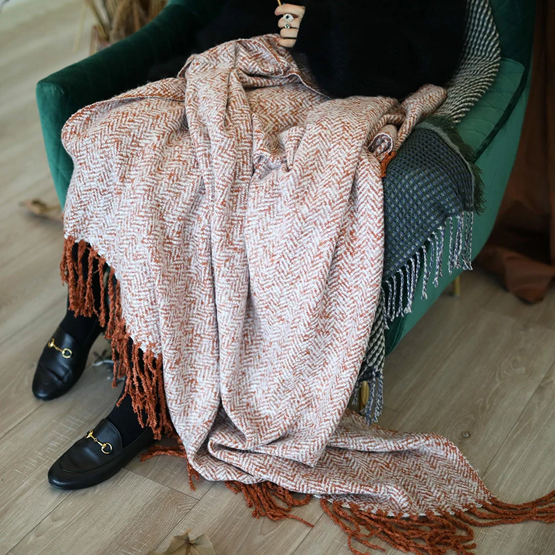Throw blanket and plaid with herringbone structure, soft cotton blend and decorative fringes Stornfield