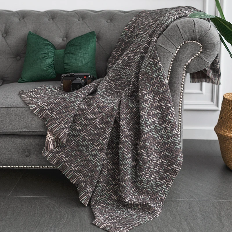 Throw blanket and plaid with herringbone structure, soft cotton blend and decorative fringes Stornfield