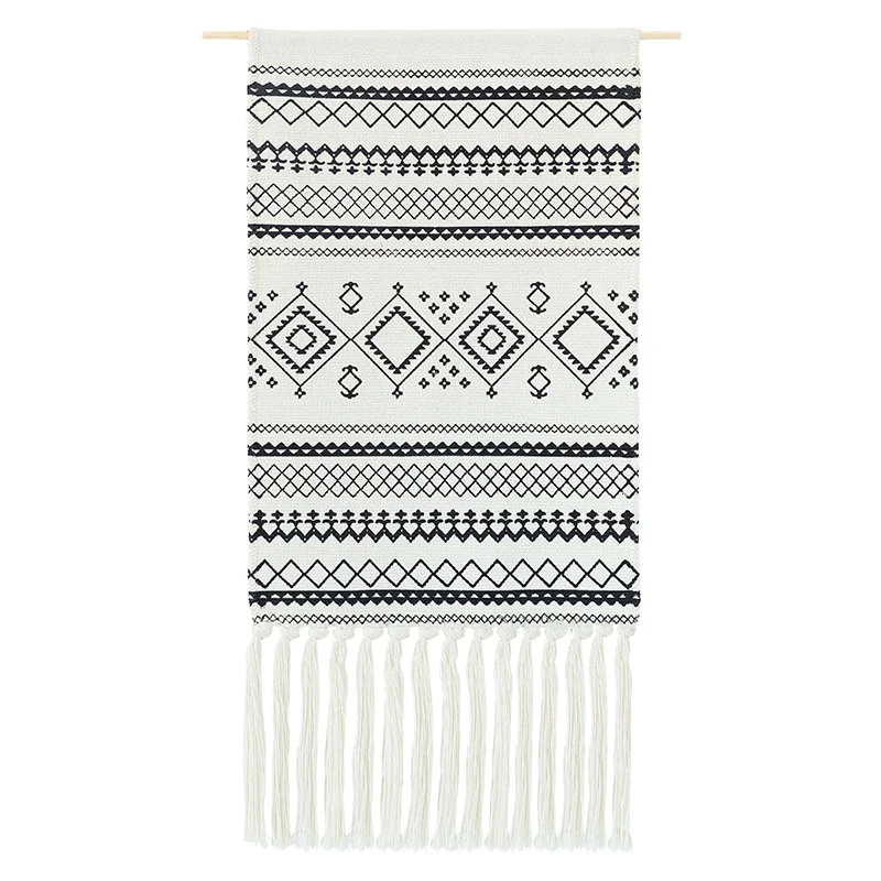 Boho-Ethno-Style tapestry set with fringes and wooden rod Stornfield