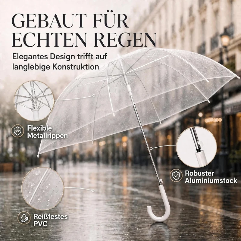 Transparenter Regenschirm 100cm - Durchsichtiger Stockschirm Elegant