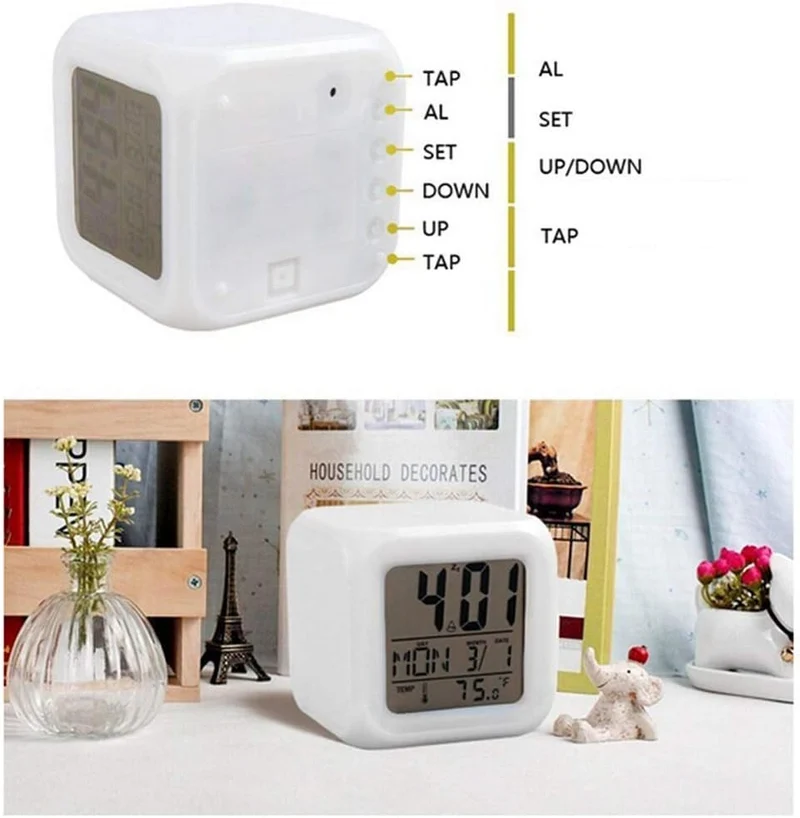 LED-Wecker 7-Farbwechsel - Moderner Design-Cube mit Temperatur