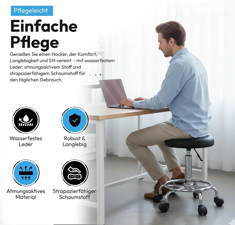 Ergonomischer Rollhocker - Drehbarer Arbeitshocker für Büro & Praxis