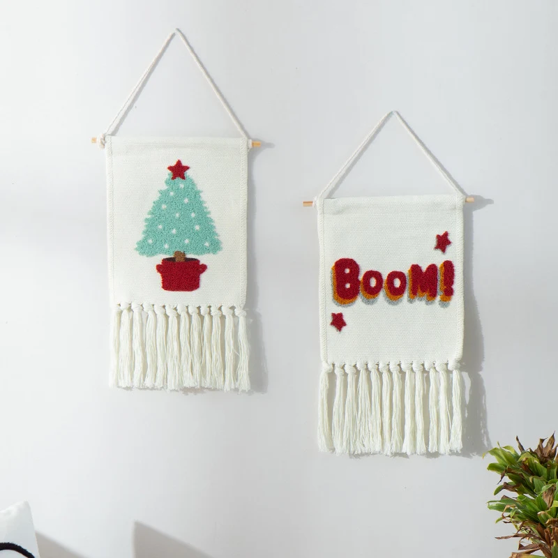 Woven cotton blend wall hanging with tufted cactus motif and cotton fringes Stornfield