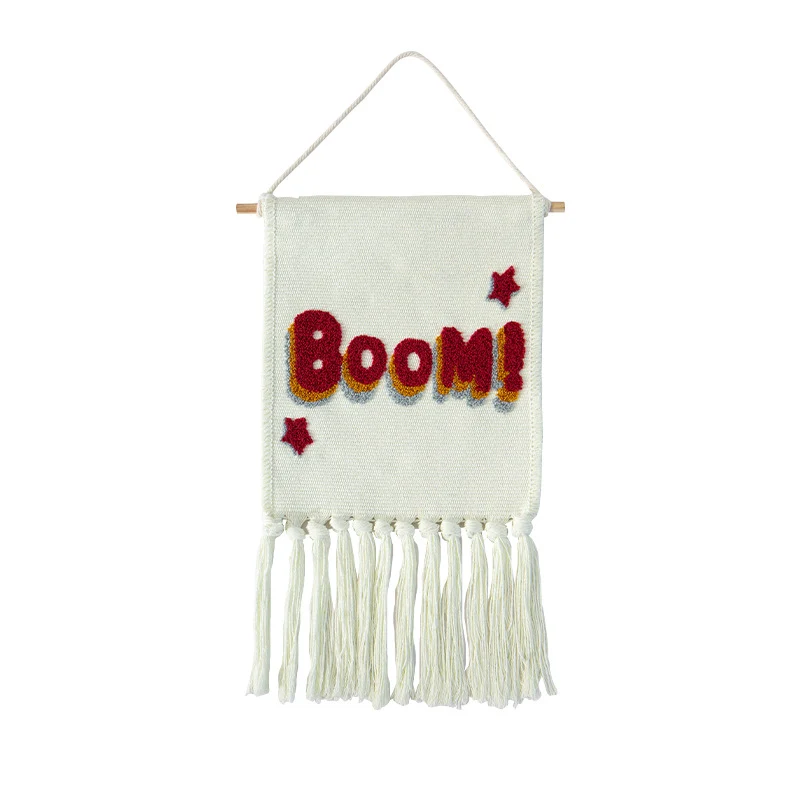 Woven cotton blend wall hanging with tufted cactus motif and cotton fringes Stornfield