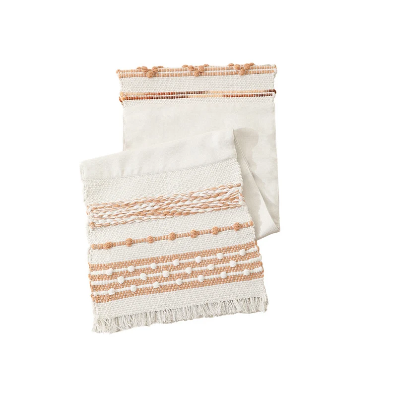 Woven cotton table runner with fringes and textured pattern Stornfield
