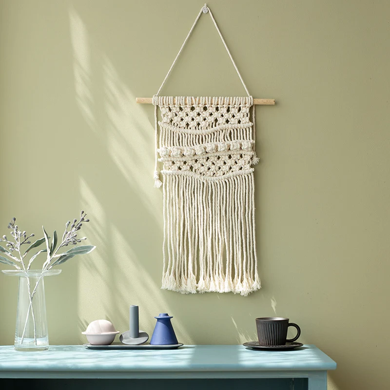 Macramé wall hanging with geometric triple tassel design and wooden rod Stornfield