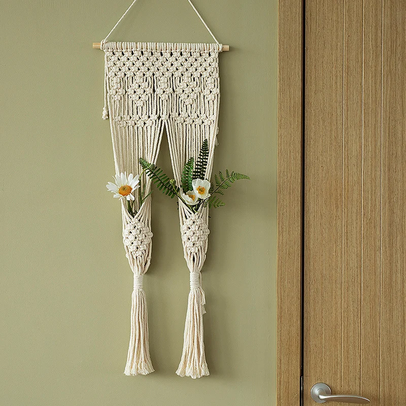 Macramé wall hanging with geometric triple tassel design and wooden rod Stornfield