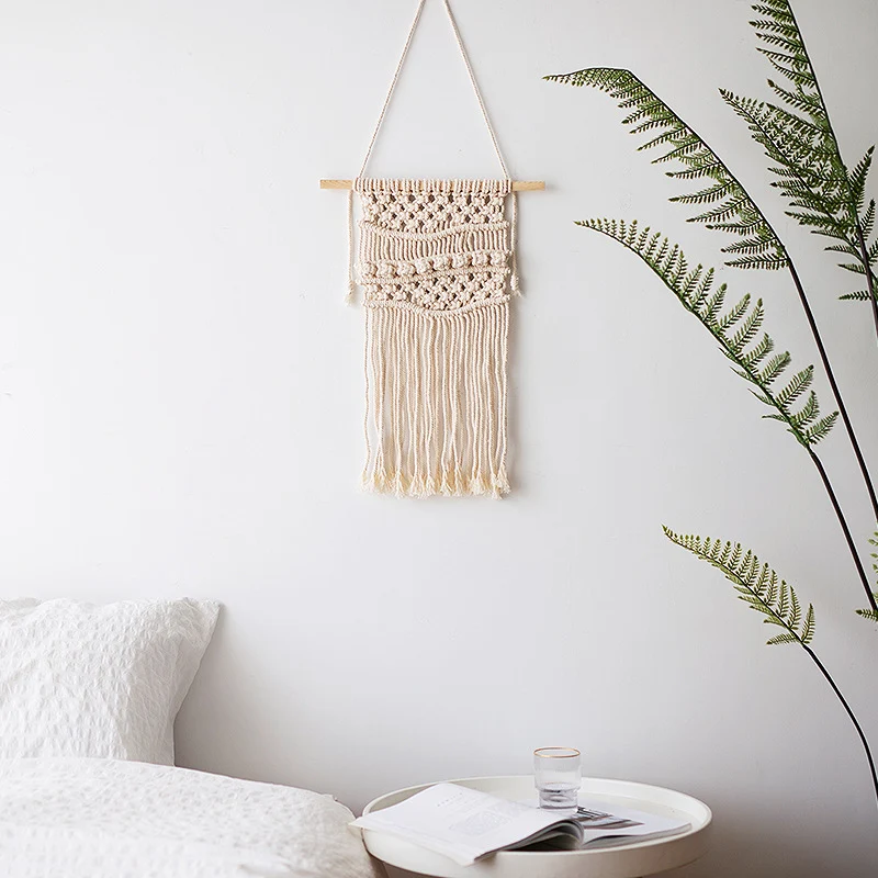 Macramé wall hanging with geometric triple tassel design and wooden rod Stornfield