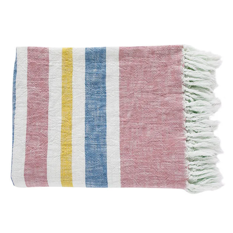 Light striped cotton throw blanket with fringes and textured knot appliqué Stornfield