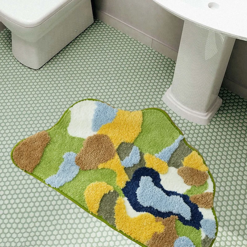 High-pile bathroom rug in organic shape with abstract textured pile Stornfield
