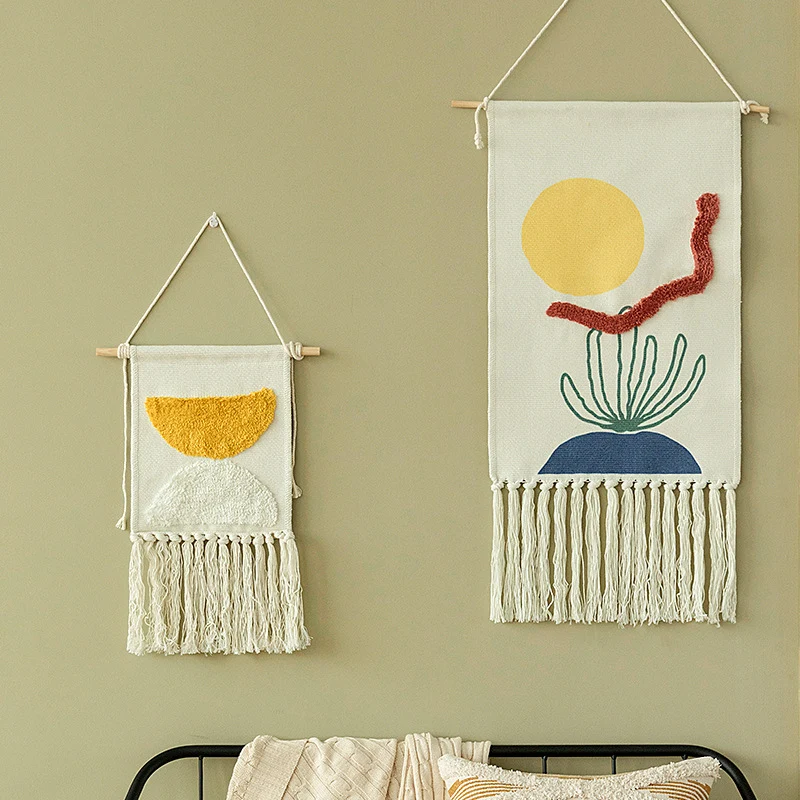Hand-woven wall hanging and table runner made of cotton blend with geometric staircase pattern and long fringes Stornfield