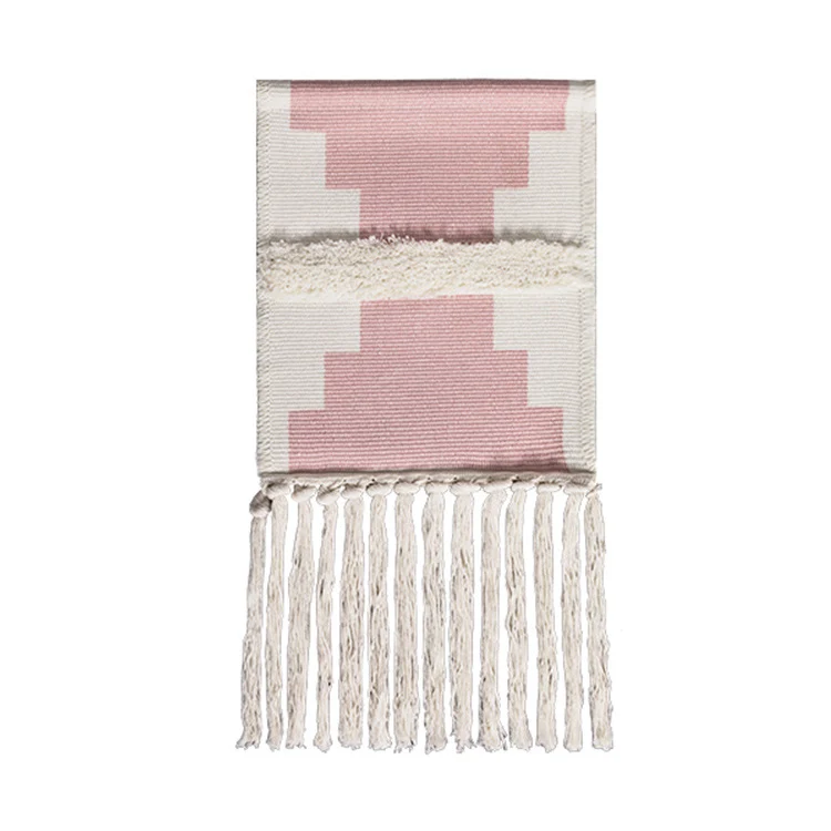 Hand-woven wall hanging and table runner made of cotton blend with geometric staircase pattern and long fringes Stornfield