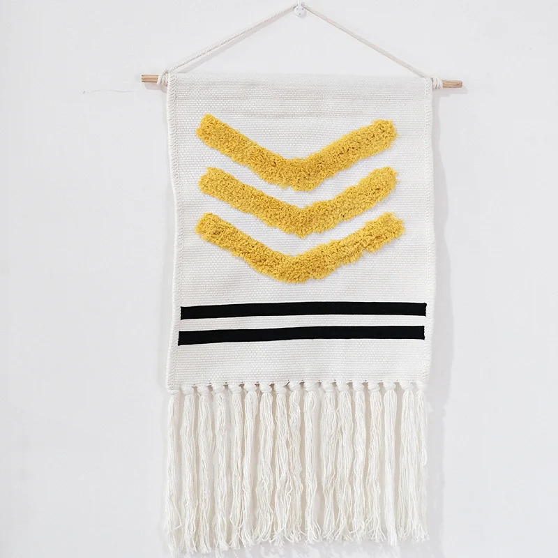 Hand-woven wall hanging and table runner made of cotton blend with geometric staircase pattern and long fringes Stornfield