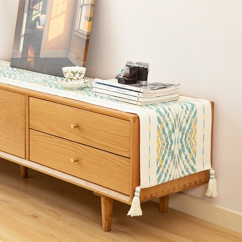 Handwoven decorative table runner with Ikat jacquard and tassels Stornfield