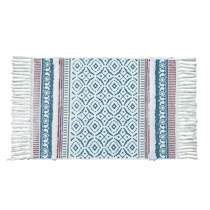 Handwoven cotton runner in Scandi-Boho style with fringes and geometric diamond jacquard Stornfield