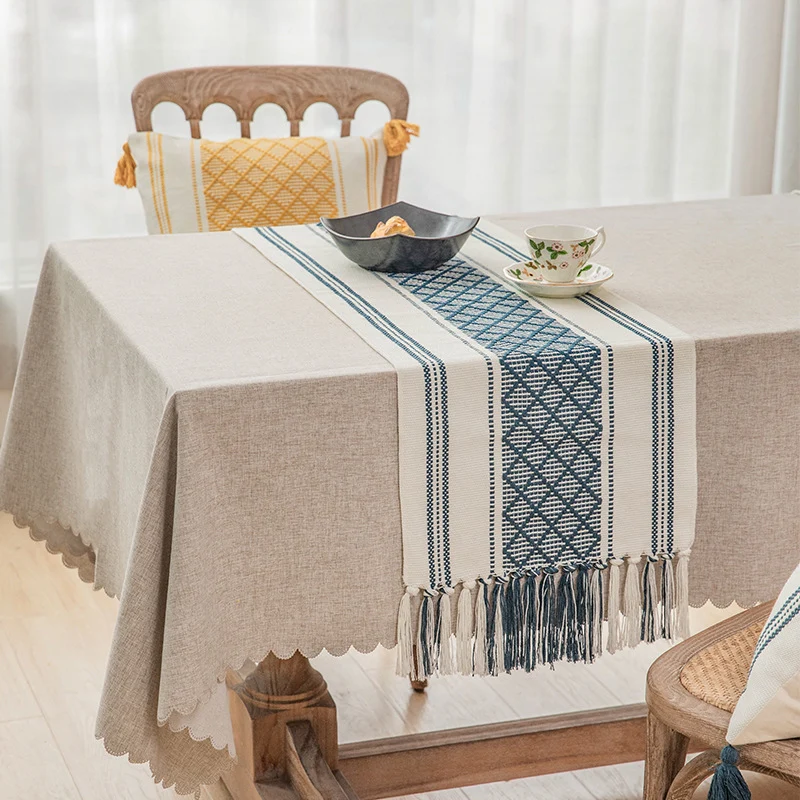 Handwoven cotton table runner with ethnic diamond pattern and fringes Stornfield