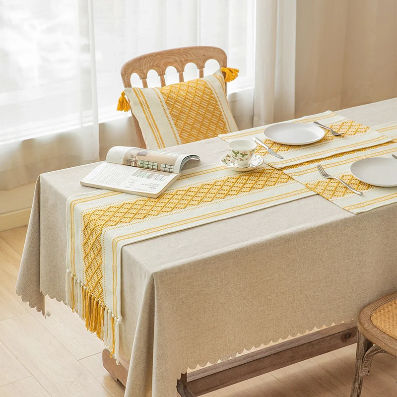 Handwoven cotton table runner with ethnic diamond pattern and fringes Stornfield