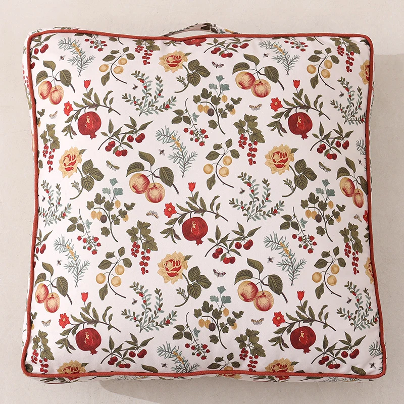 Large square floor cushion with floral cotton cover, piping, and carrying handle Stornfield