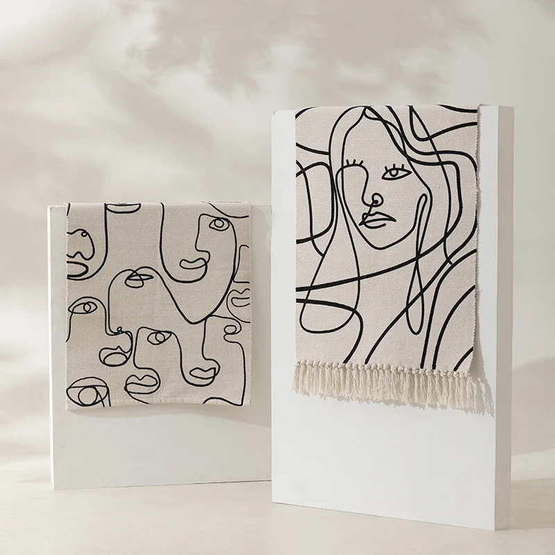 Woven cotton tabletop set with abstract line art Stornfield