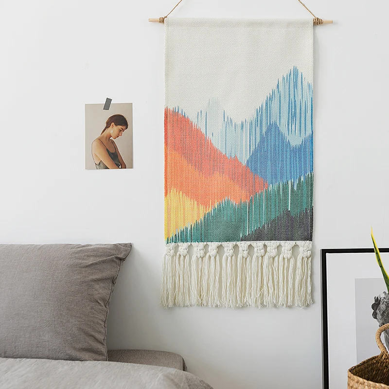 Woven Boho Wall Hanging Set with Fringes and Geometric Ethno Print Stornfield