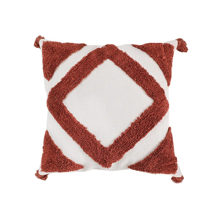 Woven decorative cushion cover with high pile, diamond tufting and tassels Stornfield