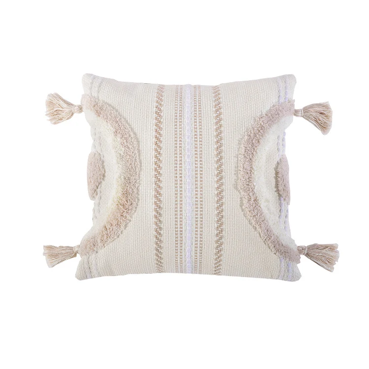 Woven decorative cushion cover with semi-circular tuft appliqué, fringe tassels, and concealed zipper Stornfield