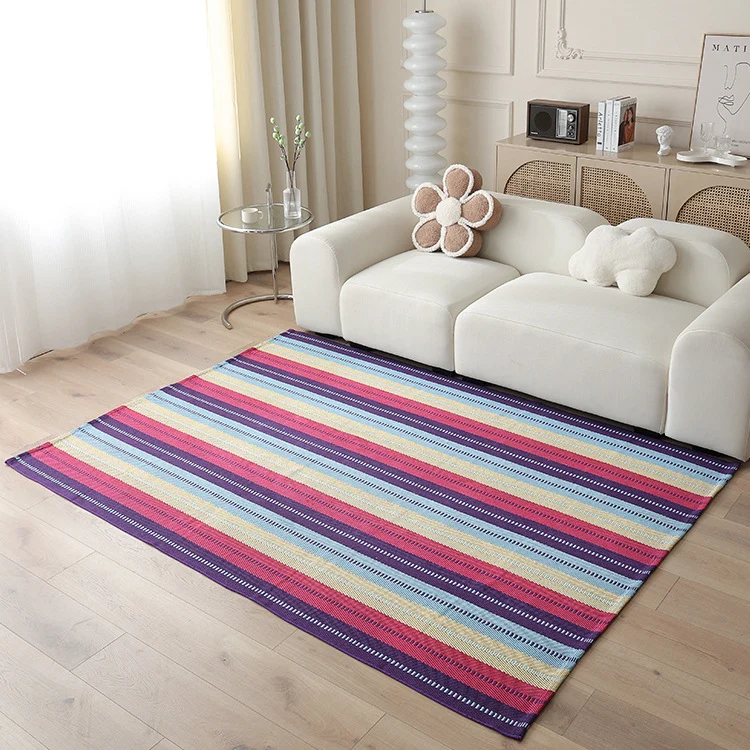 Woven living area rug with large check pattern and flat cotton texture Stornfield