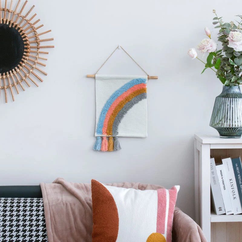 Woven wall hanging with hand-tufted rainbow design, cotton blend and decorative tassels Stornfield