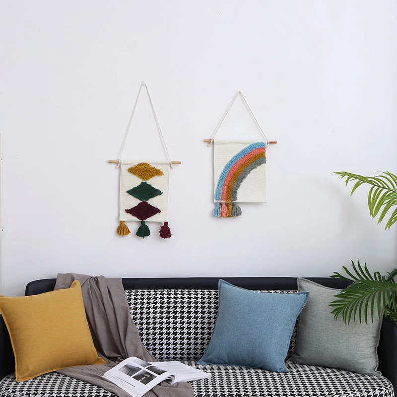Woven wall hanging with hand-tufted rainbow design, cotton blend and decorative tassels Stornfield