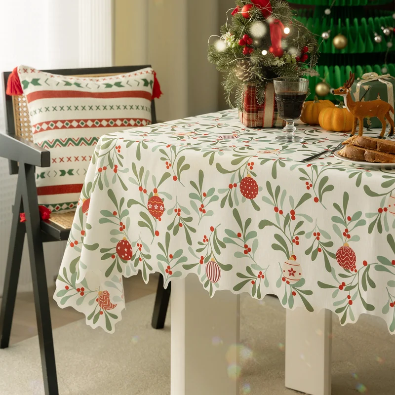 Festive rectangular tablecloth with mistletoe and Christmas ornament motif Stornfield
