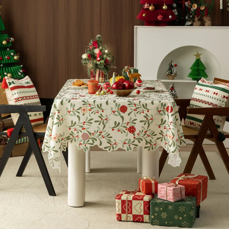 Festive rectangular tablecloth with mistletoe and Christmas ornament motif Stornfield
