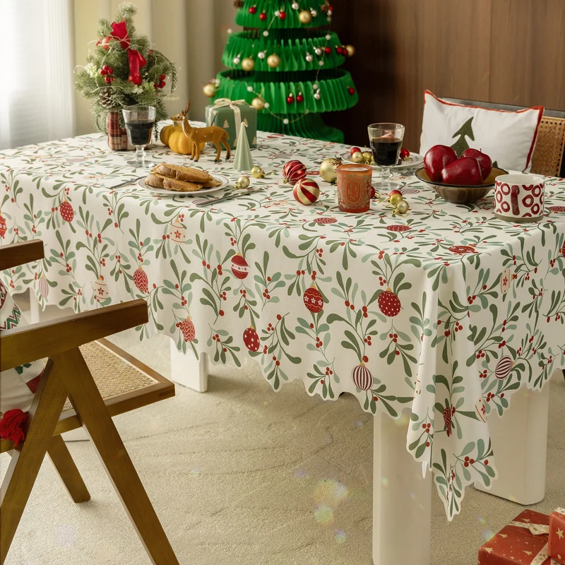 Festive rectangular tablecloth with mistletoe and Christmas ornament motif Stornfield