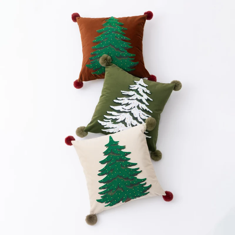Decorative velvet cushion cover with hand-tufted Christmas tree, pompom corners and bead application Stornfield