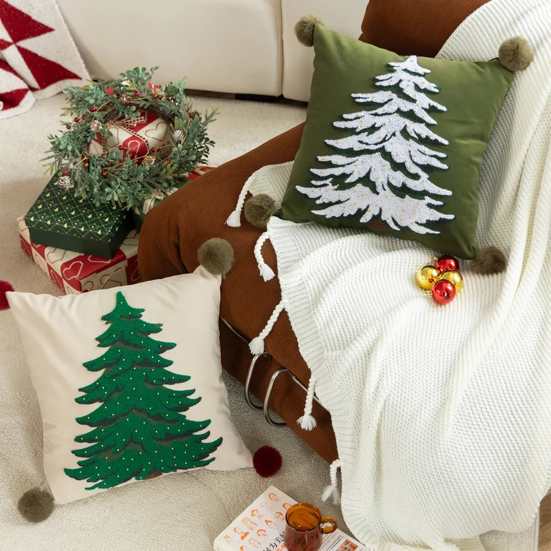 Decorative velvet cushion cover with hand-tufted Christmas tree, pompom corners and bead application Stornfield