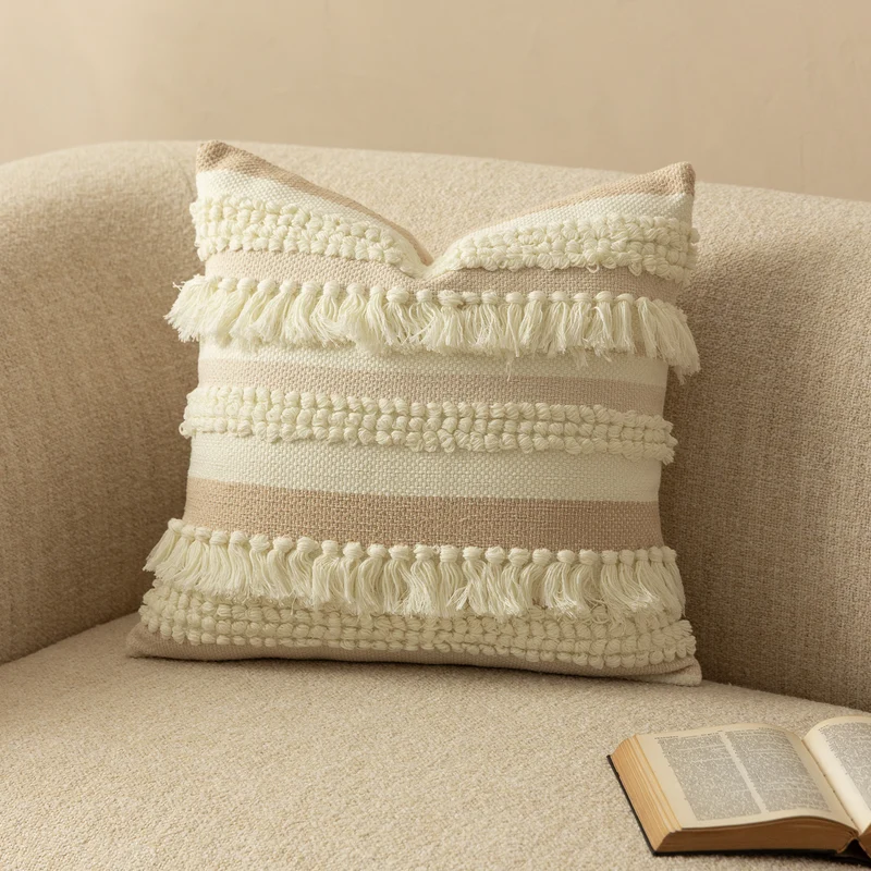 Decorative woven cushion cover with fringes and textured striped design Stornfield