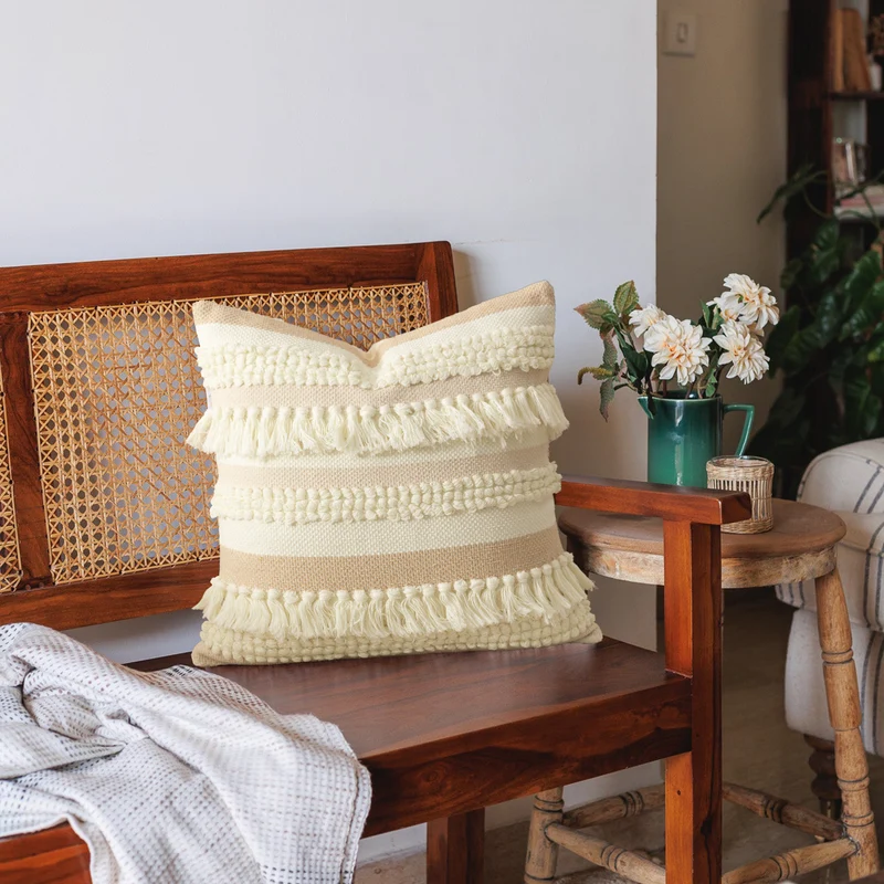 Decorative woven cushion cover with fringes and textured striped design Stornfield